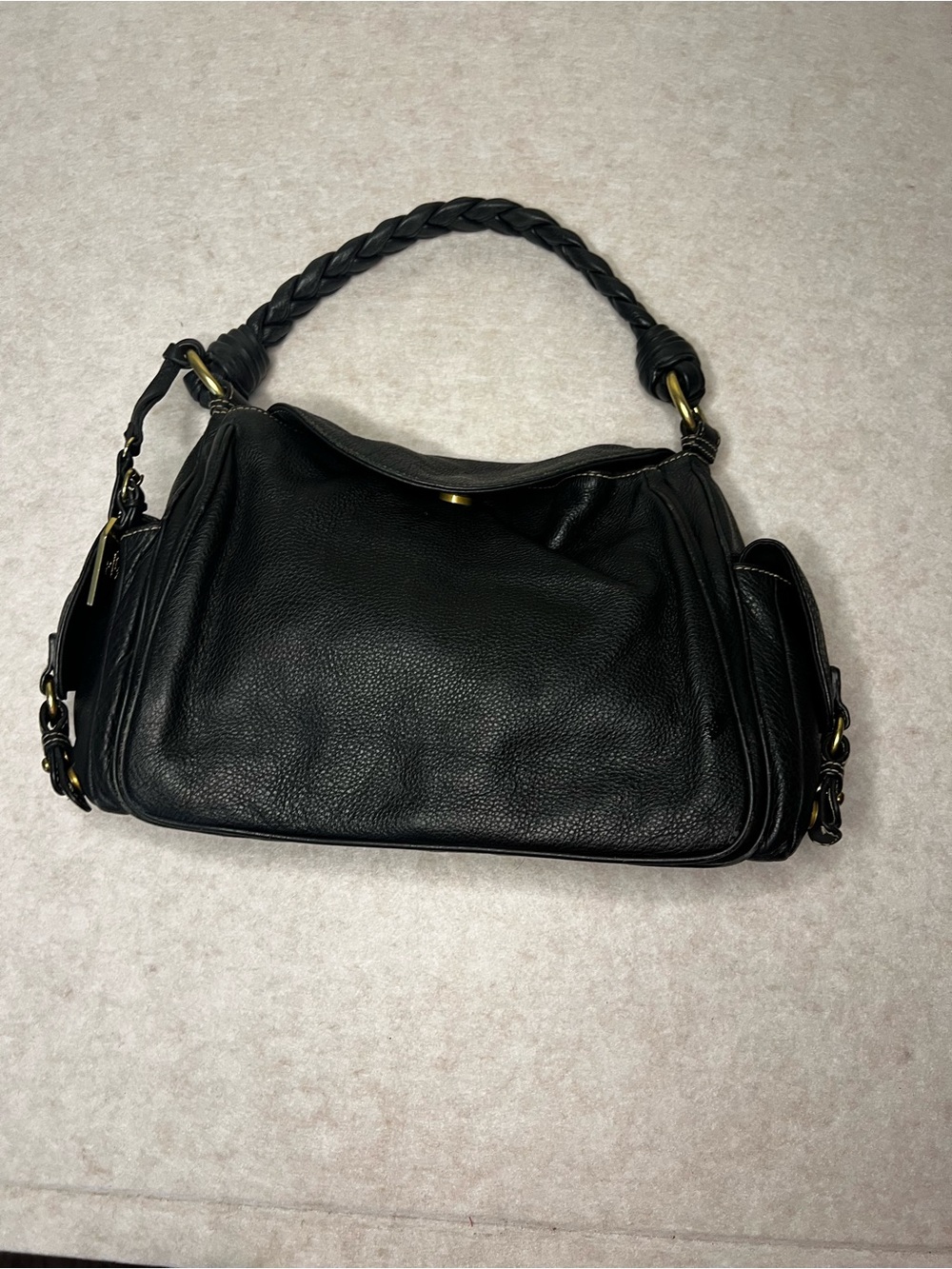 Lauren Ralph Lauren Vintage Black Pebbled Leather Braided Hobo Bag Cargo Pockets